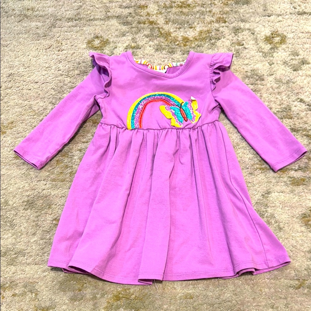 Rare Editions Toddler Girl Long Sleeve Purple Butterfly & Rainbow Dress 2T